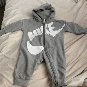 Nike Grey Hooded Zip Front Baby One-Piece with White Logo